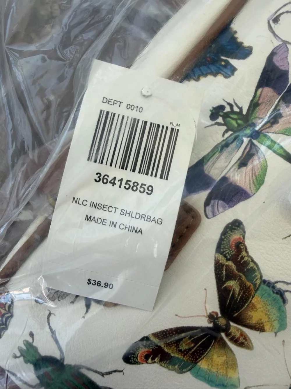 White Botanical Insect-Print Satchel with Tan Straps